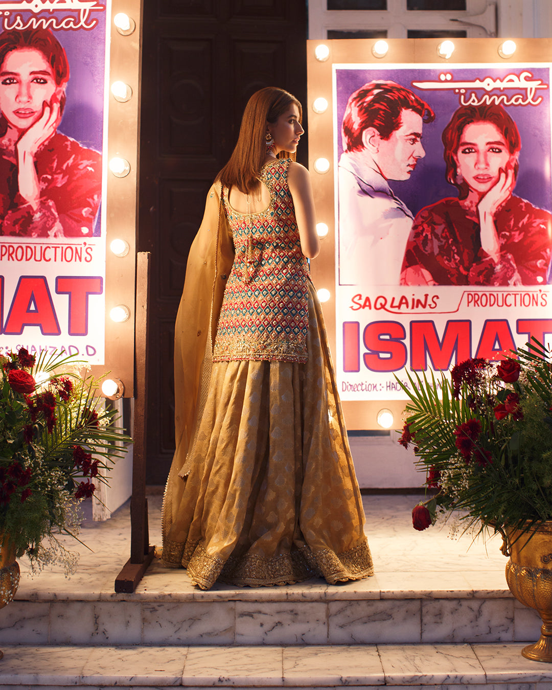 Pakistani Gold Embroidered Korean Raw Silk Kameez with Jamawar Sharara (3-Piece) - Image 2