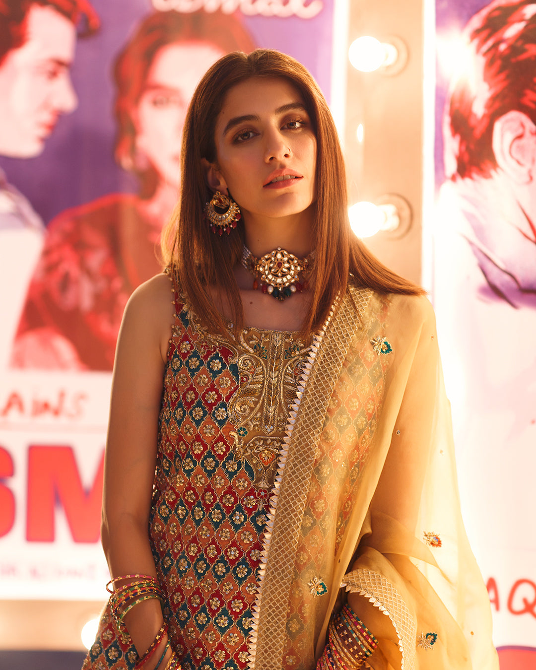 Pakistani Gold Embroidered Korean Raw Silk Kameez with Jamawar Sharara (3-Piece) - Image 3