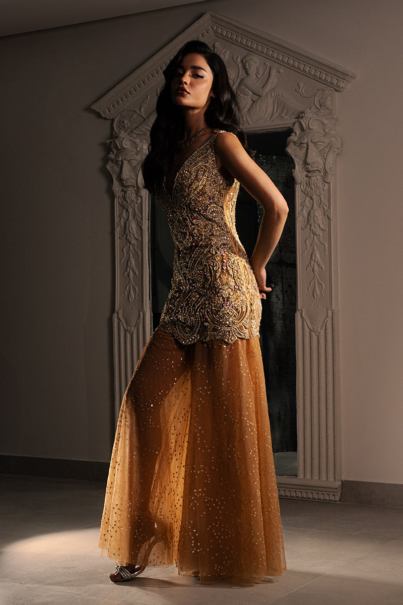 Pakistani Gold Diamanté Embellished Net Sharara (2-Piece) - Image 4