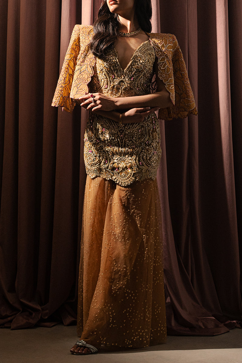 Pakistani Gold Diamanté Embellished Net Sharara (2-Piece) - Image 7