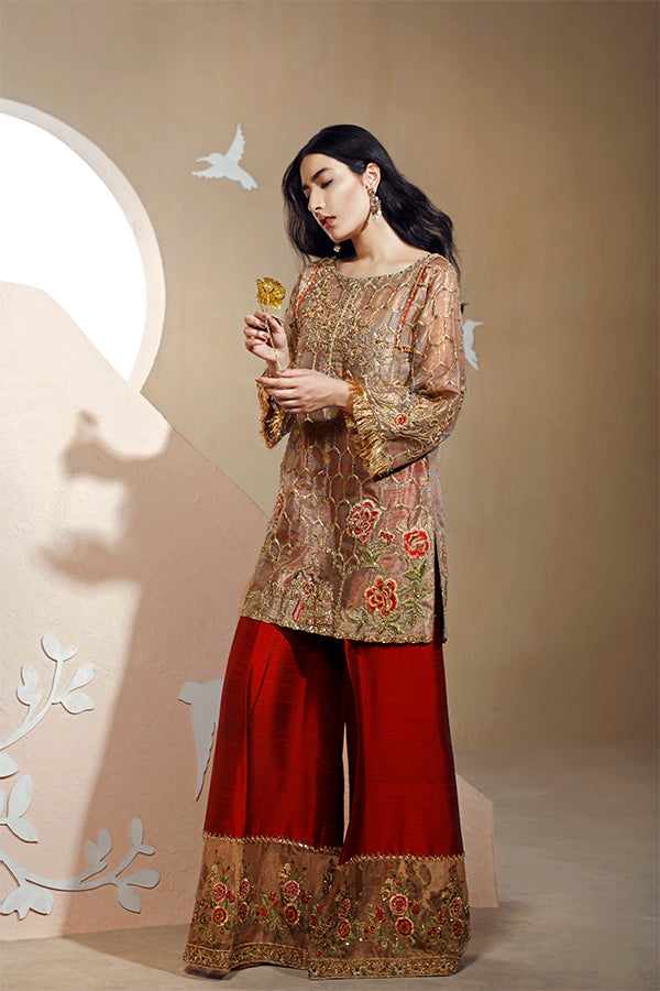 Gold Embroidered Net Kurta with Red Silk Sharara (2-Piece) - Image 2