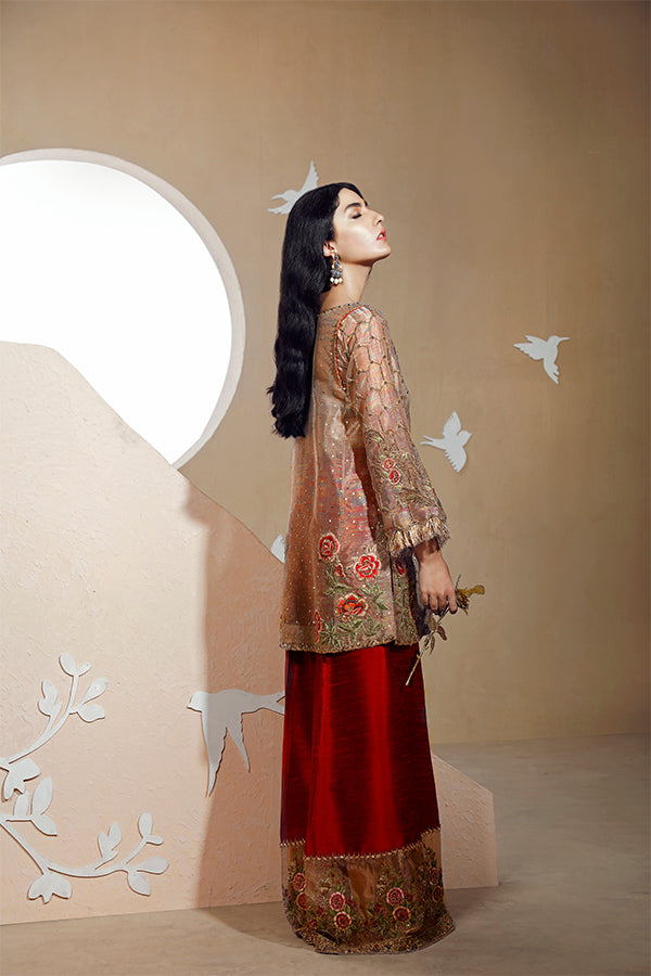 Gold Embroidered Net Kurta with Red Silk Sharara (2-Piece) - Image 3
