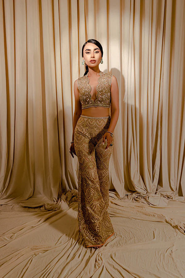 Gold Zardozi Sequin Net Statement Suit (2-Piece) - Image 1