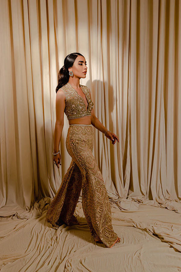 Gold Zardozi Sequin Net Statement Suit (2-Piece) - Image 2