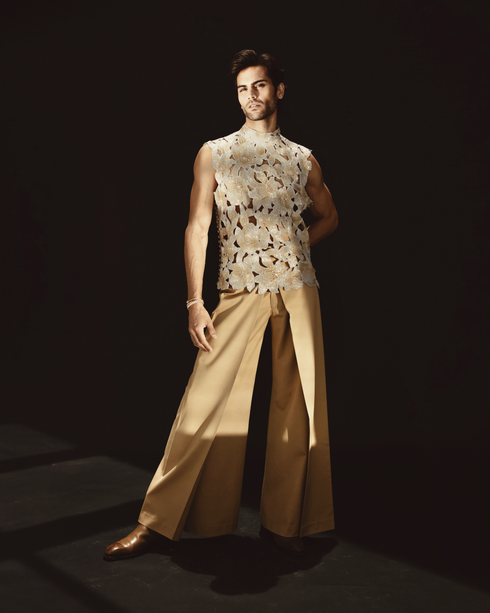 Gold Floral Cutwork Sleeveless Top with Wide-Leg Trousers (2-Piece) - Image 1