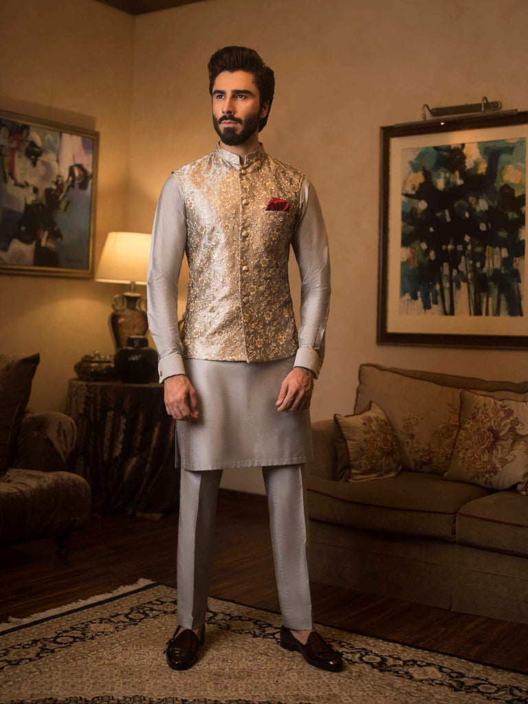 Gold Brocade Waistcoat Kurta Pajama (3-Piece) - Image 1