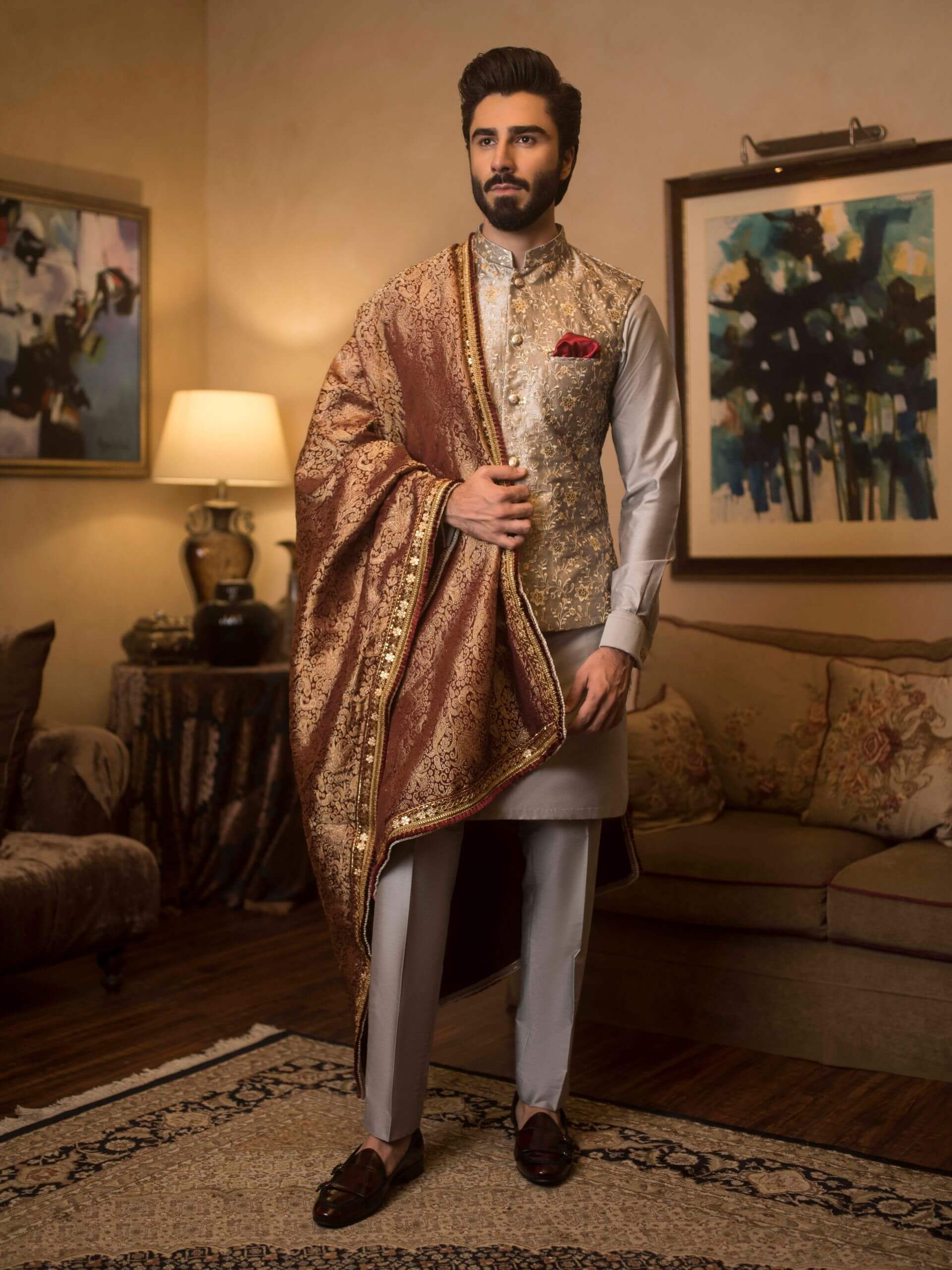 Gold Brocade Waistcoat Kurta Pajama (3-Piece) - Image 3
