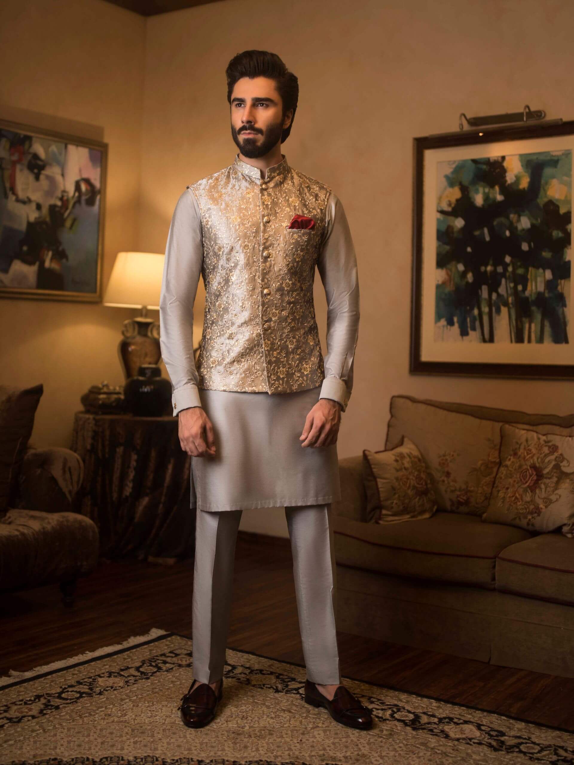 Gold Brocade Waistcoat Kurta Pajama (3-Piece) - Image 4