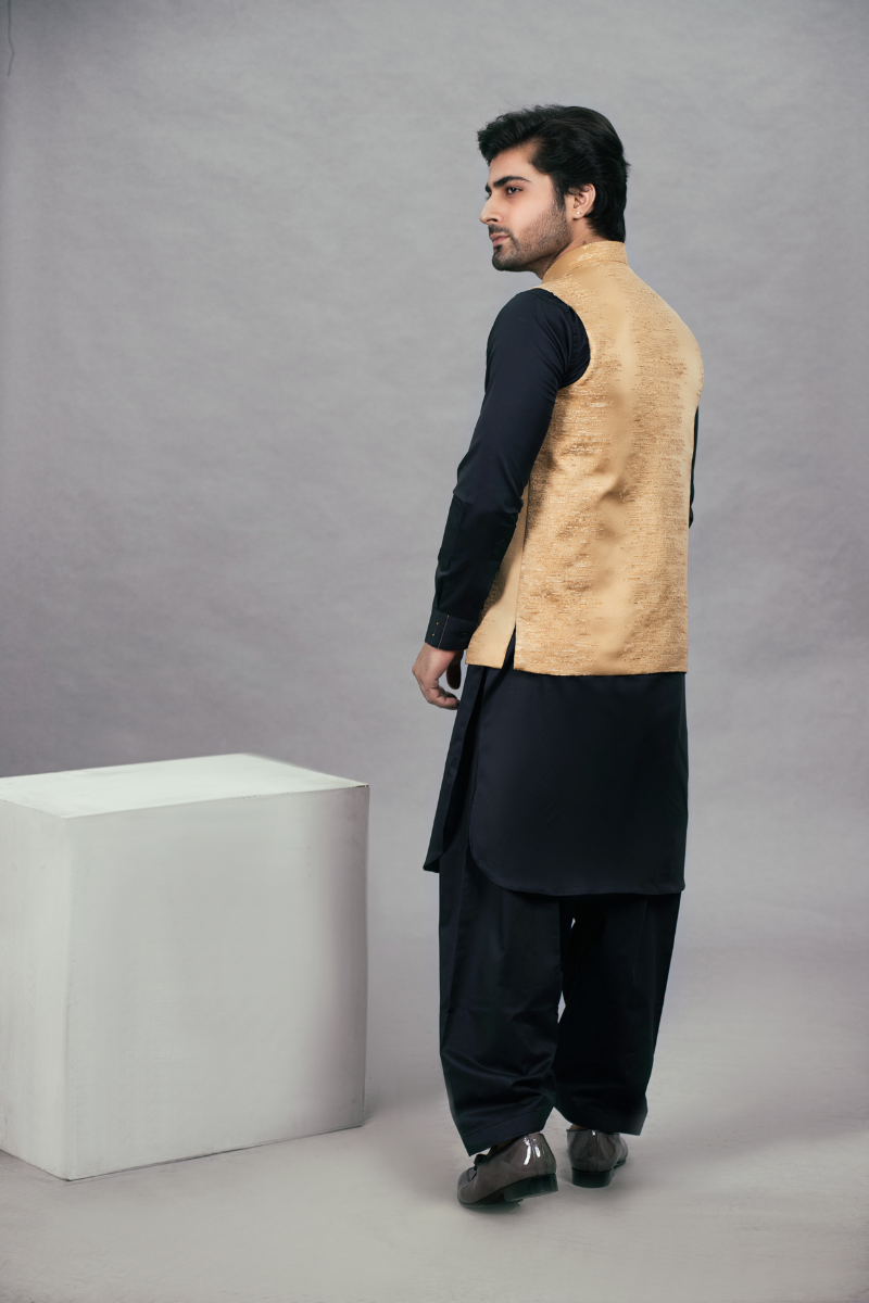Golden Self-Embroidered Waistcoat Kurta (3-Piece) - Image 1