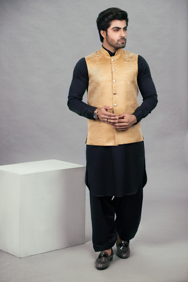 Golden Self-Embroidered Waistcoat Kurta (3-Piece) - Image 3