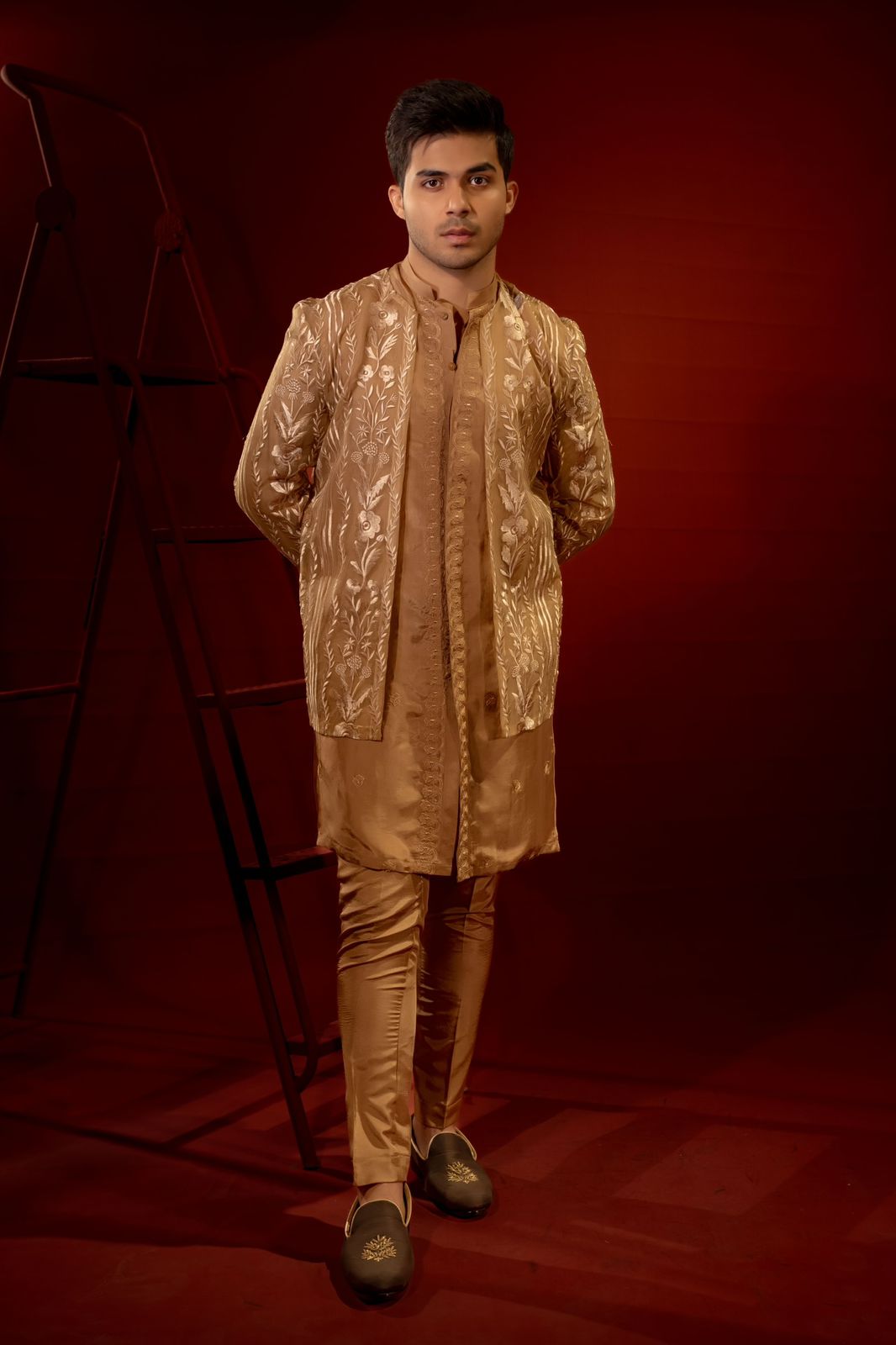 Gold Embroidered Organza Jacket with Silk Kurta Pajama (3-Piece) - Image 2