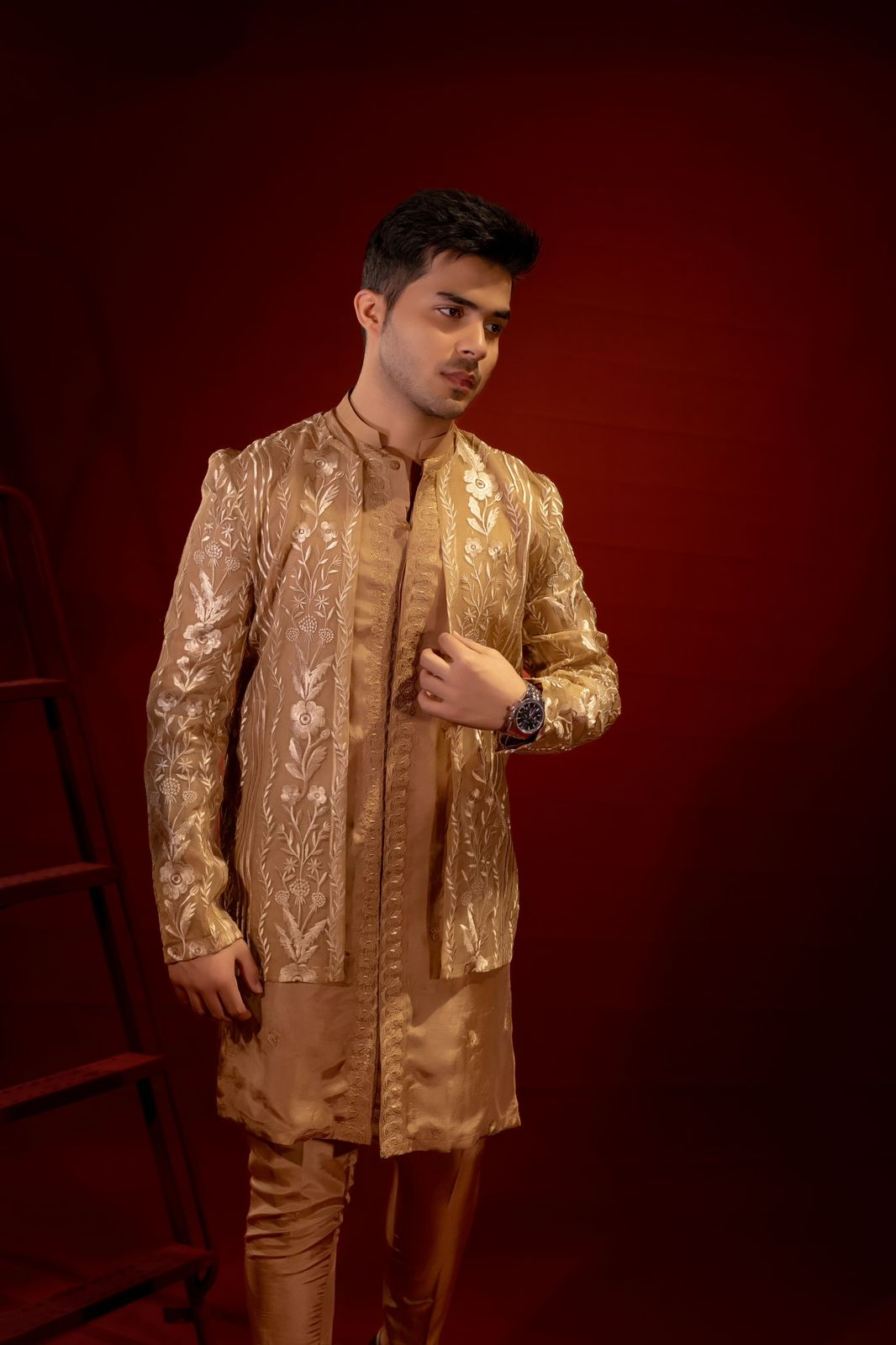 Gold Embroidered Organza Jacket with Silk Kurta Pajama (3-Piece) - Image 4