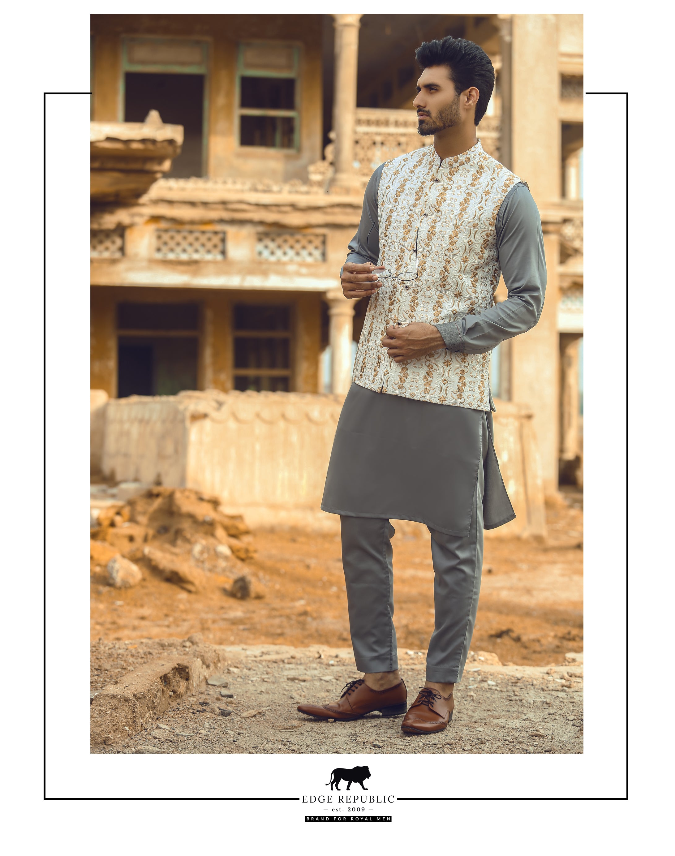 Gold Self-Embroidered Waistcoat Kurta Pajama (3-Piece) - Image 1