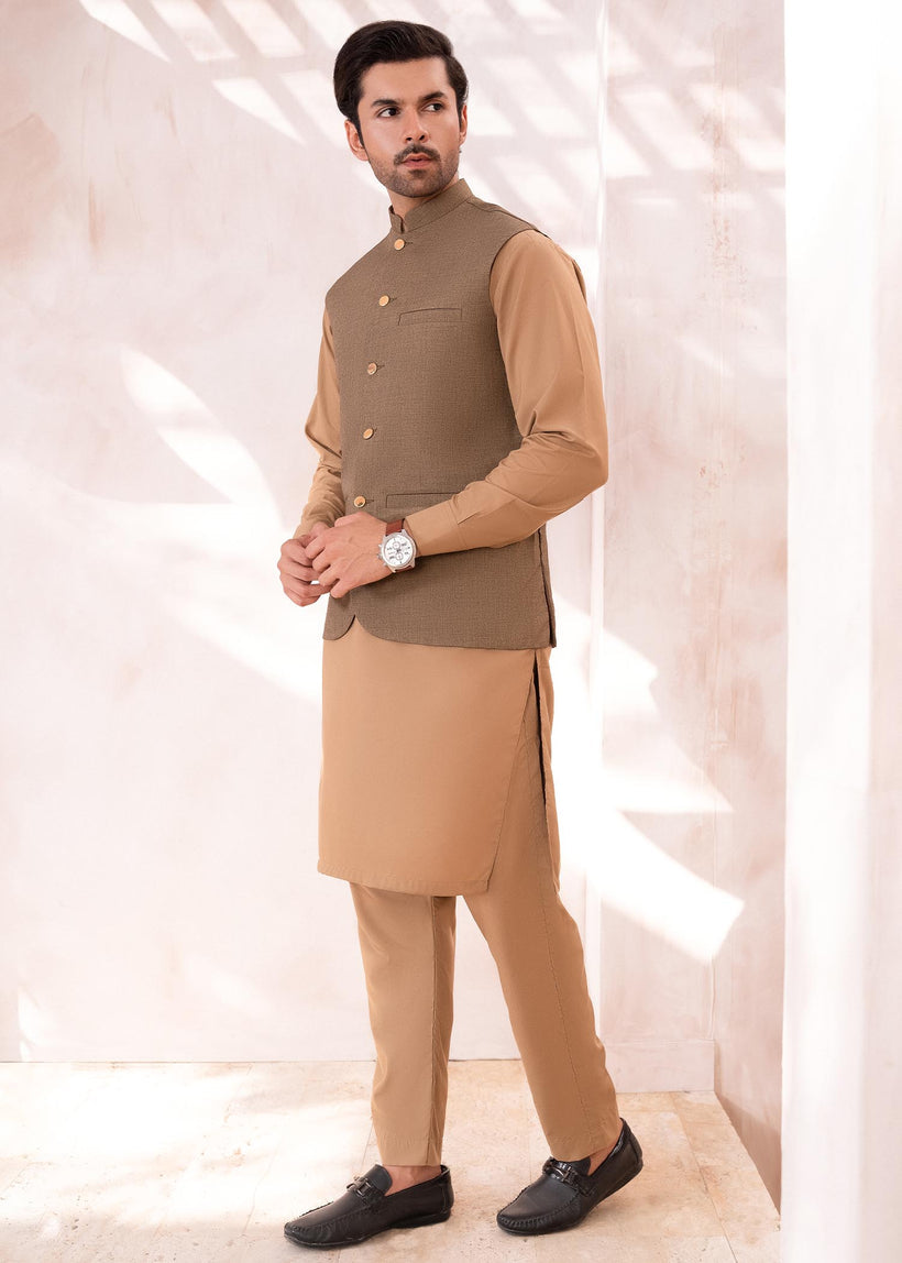 Dull Gold Waistcoat with Iced Coffee Kurta (3-Piece) - Image 2