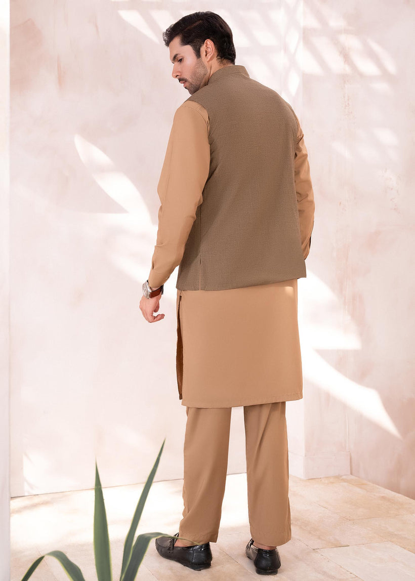 Dull Gold Waistcoat with Iced Coffee Kurta (3-Piece) - Image 3