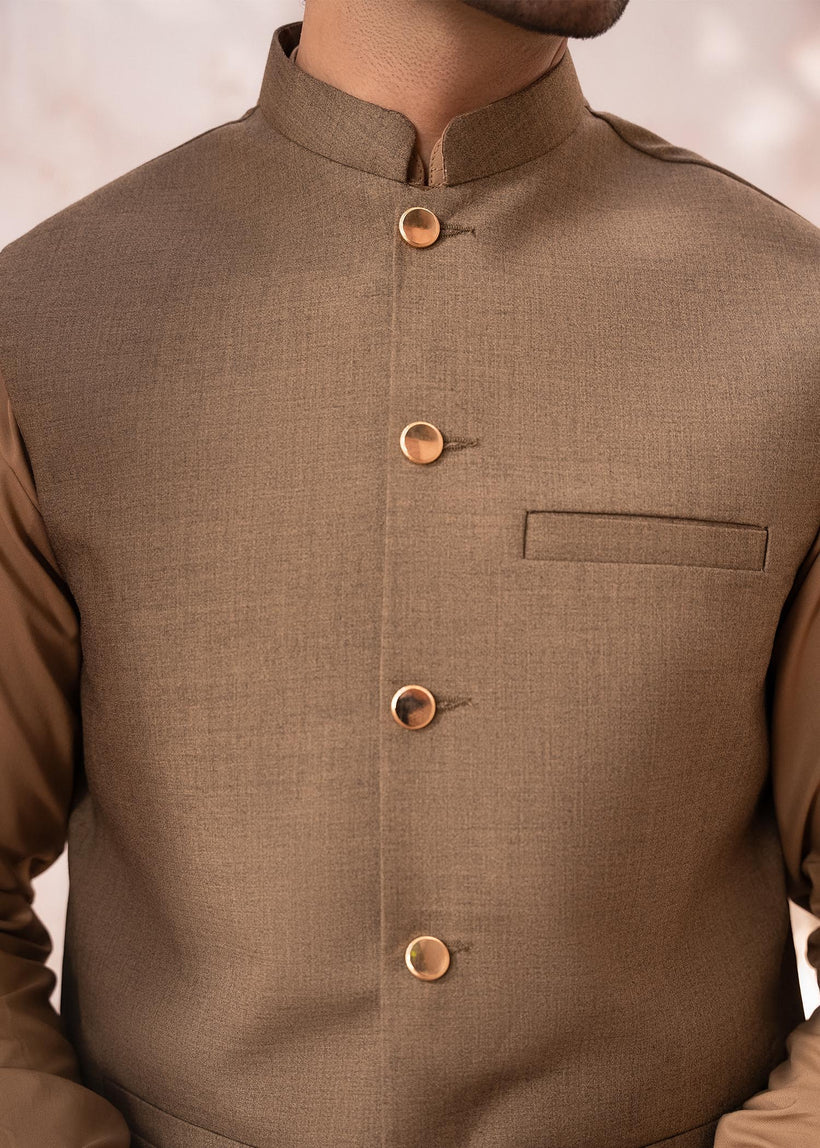 Dull Gold Waistcoat with Iced Coffee Kurta (3-Piece) - Image 4