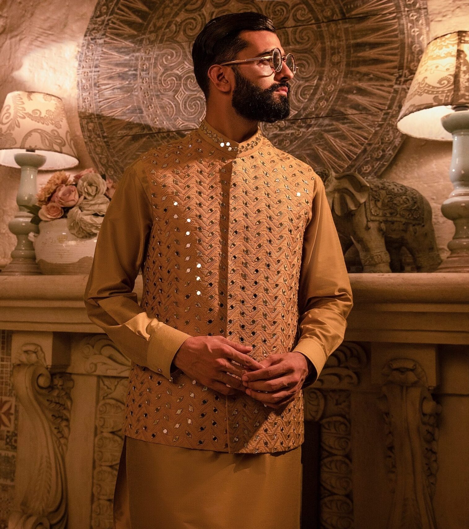 Saffron Gold Mirror-Embroidered Silk-Blend Waistcoat (2-Piece) - Image 1