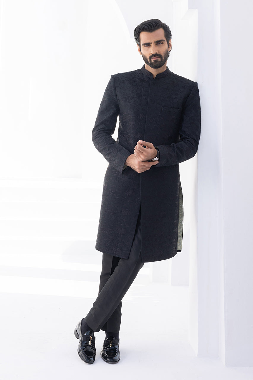 Charcoal Embroidered Raw Silk Achkan Sherwani (2-Piece) - Image 1