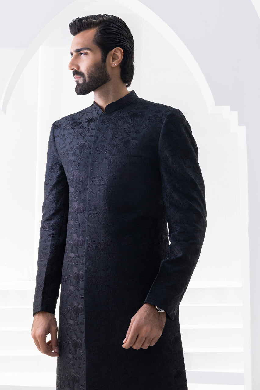 Charcoal Embroidered Raw Silk Achkan Sherwani (2-Piece) - Image 2