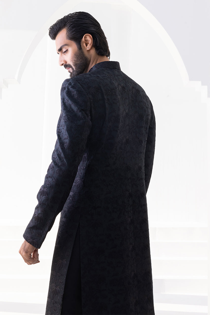 Charcoal Embroidered Raw Silk Achkan Sherwani (2-Piece) - Image 3