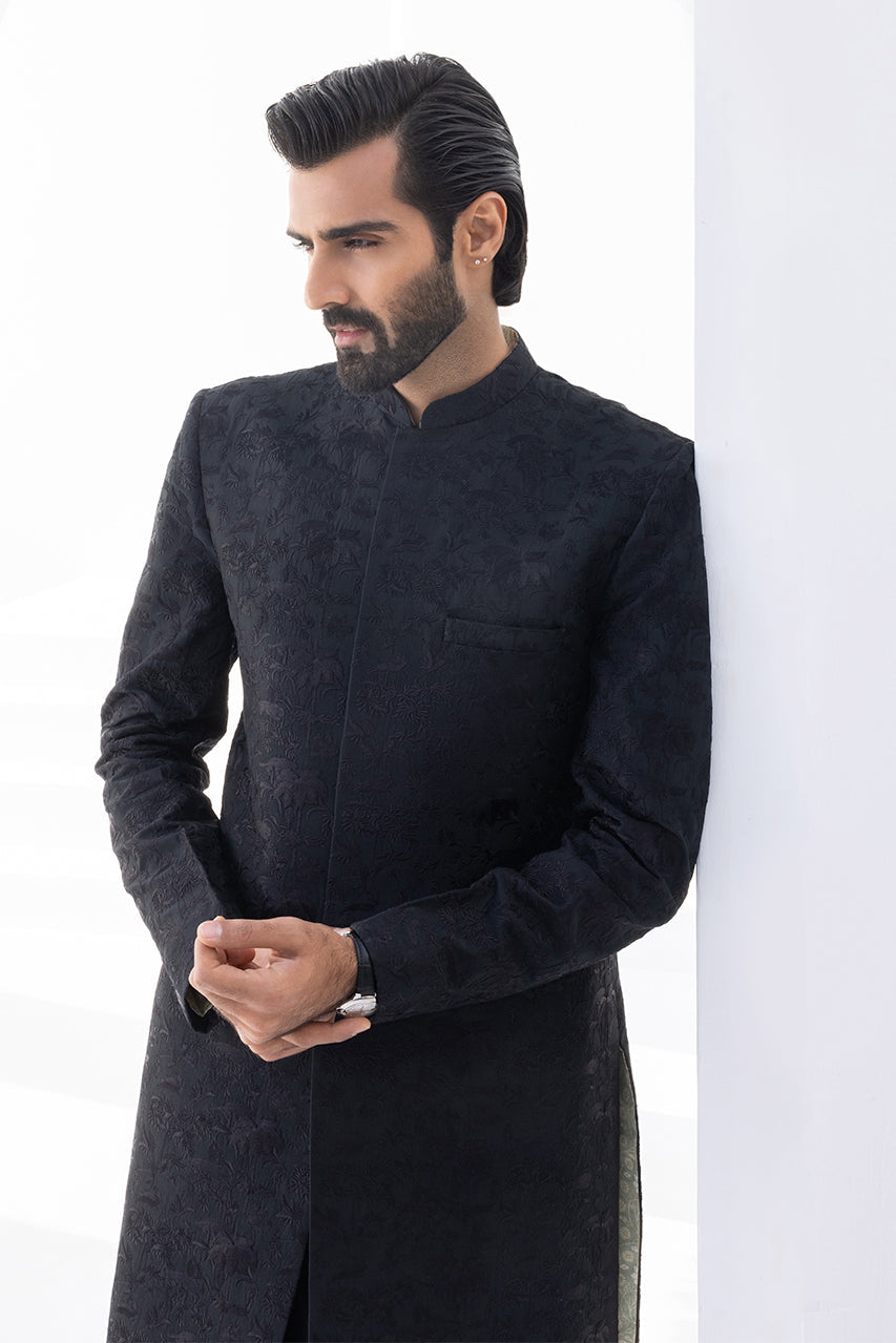 Charcoal Embroidered Raw Silk Achkan Sherwani (2-Piece) - Image 4