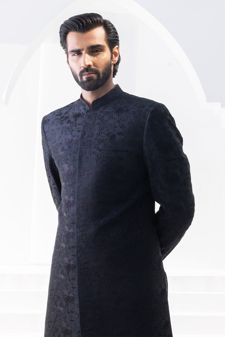 Charcoal Embroidered Raw Silk Achkan Sherwani (2-Piece) - Image 5