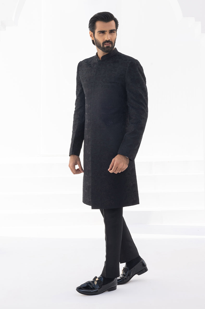 Charcoal Embroidered Raw Silk Achkan Sherwani (2-Piece) - Image 6
