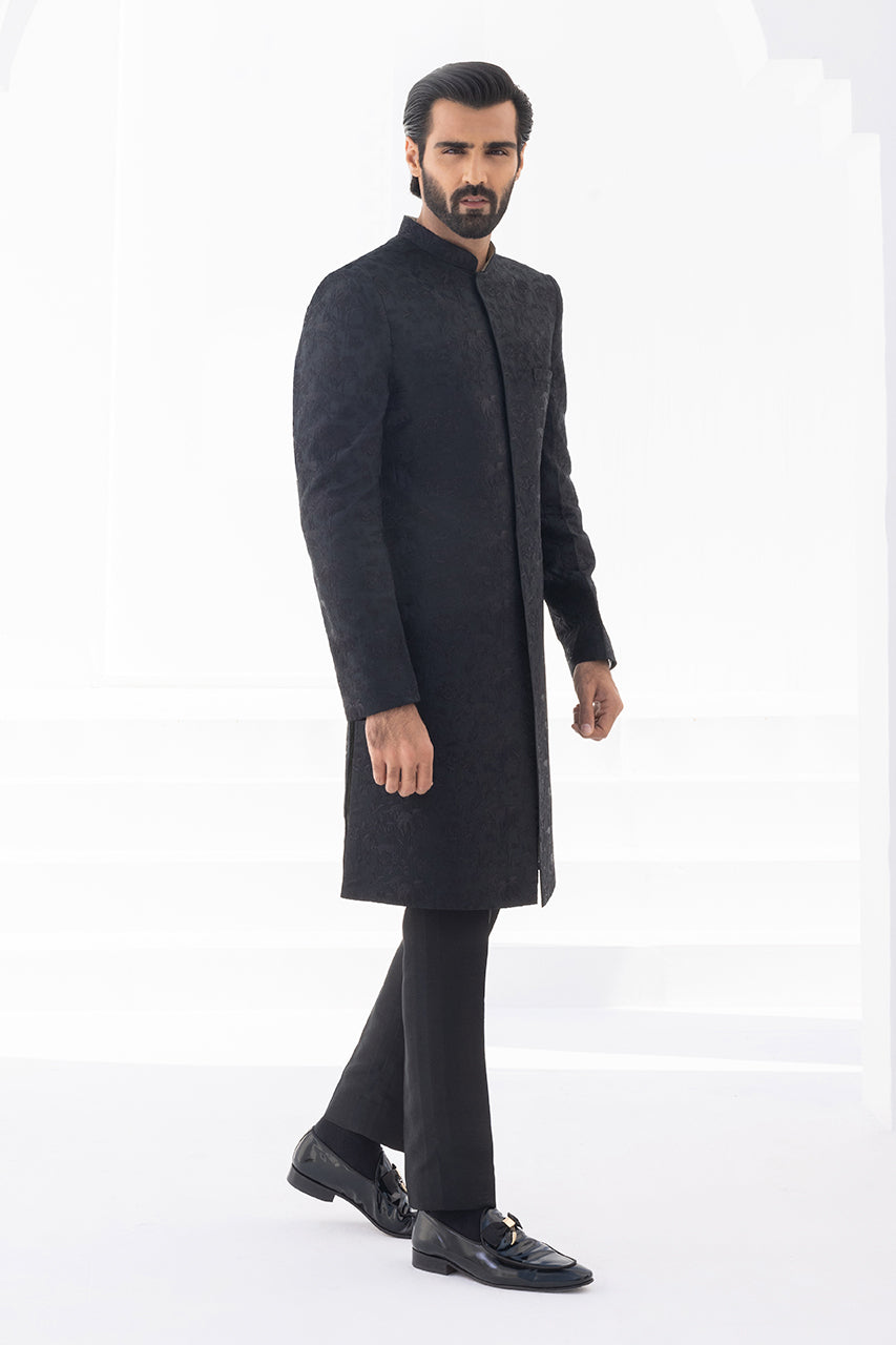 Charcoal Embroidered Raw Silk Achkan Sherwani (2-Piece) - Image 7