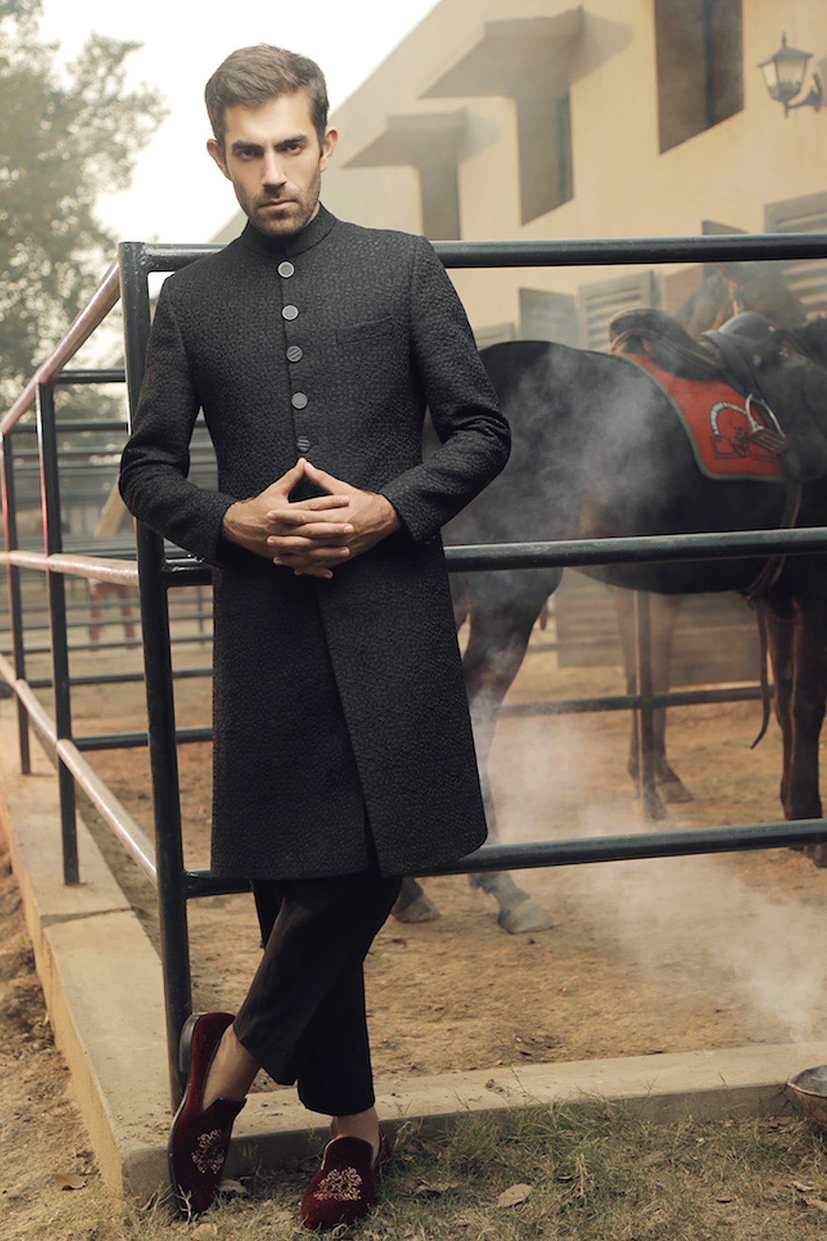 Charcoal Textured Wool-Silk Achkan Sherwani (2-Piece) - Image 1