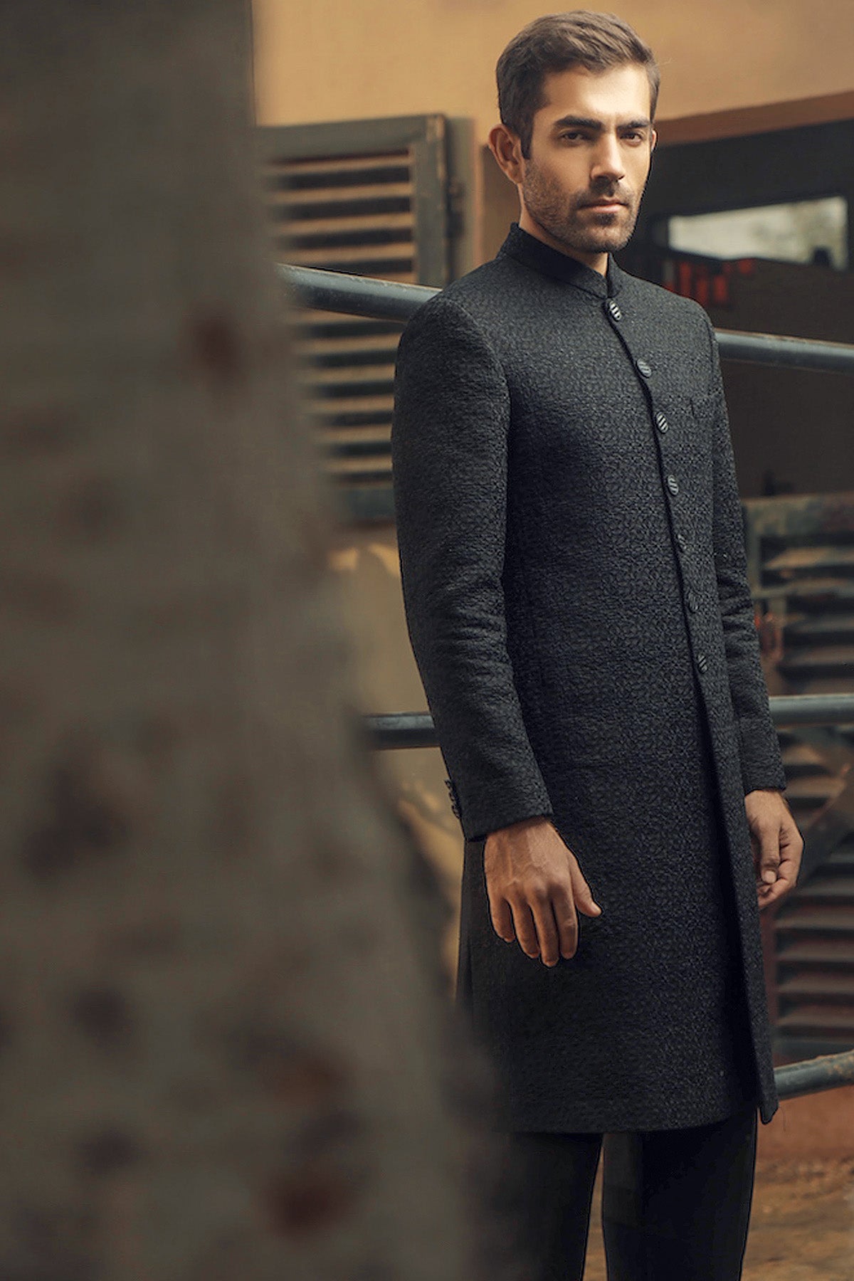 Charcoal Textured Wool-Silk Achkan Sherwani (2-Piece) - Image 2