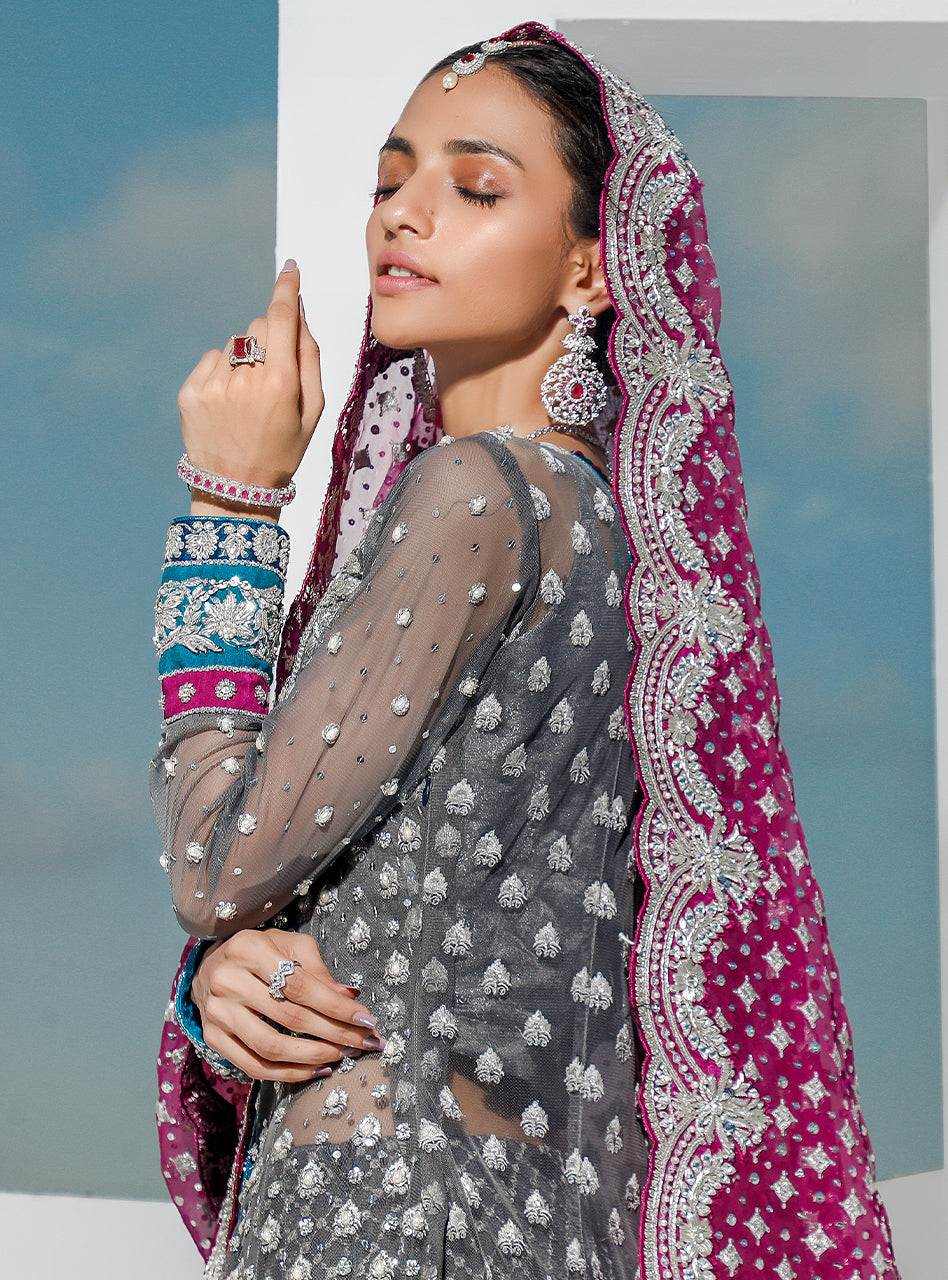 Graphite Embroidered Net Organza Angrakha (3-Piece) - Image 3