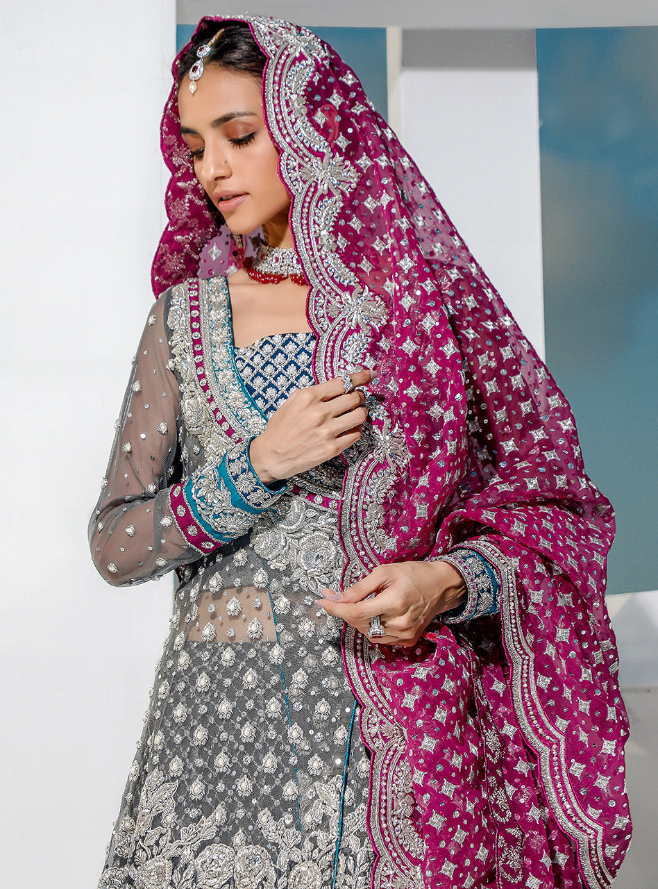 Graphite Embroidered Net Organza Angrakha (3-Piece) - Image 6