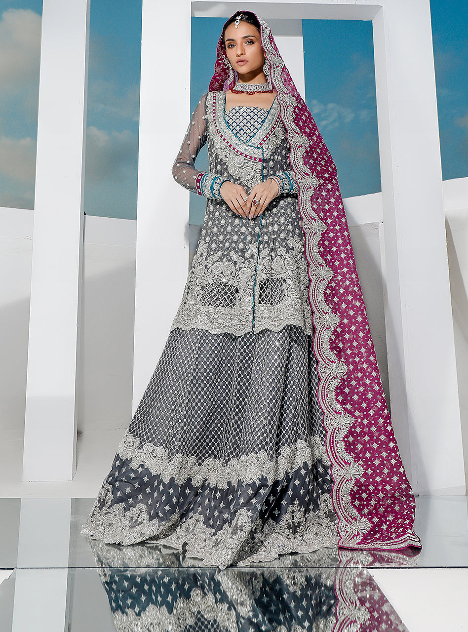 Pakistani Graphite Embroidered Net Organza Angrakha (3-Piece) - Image 1