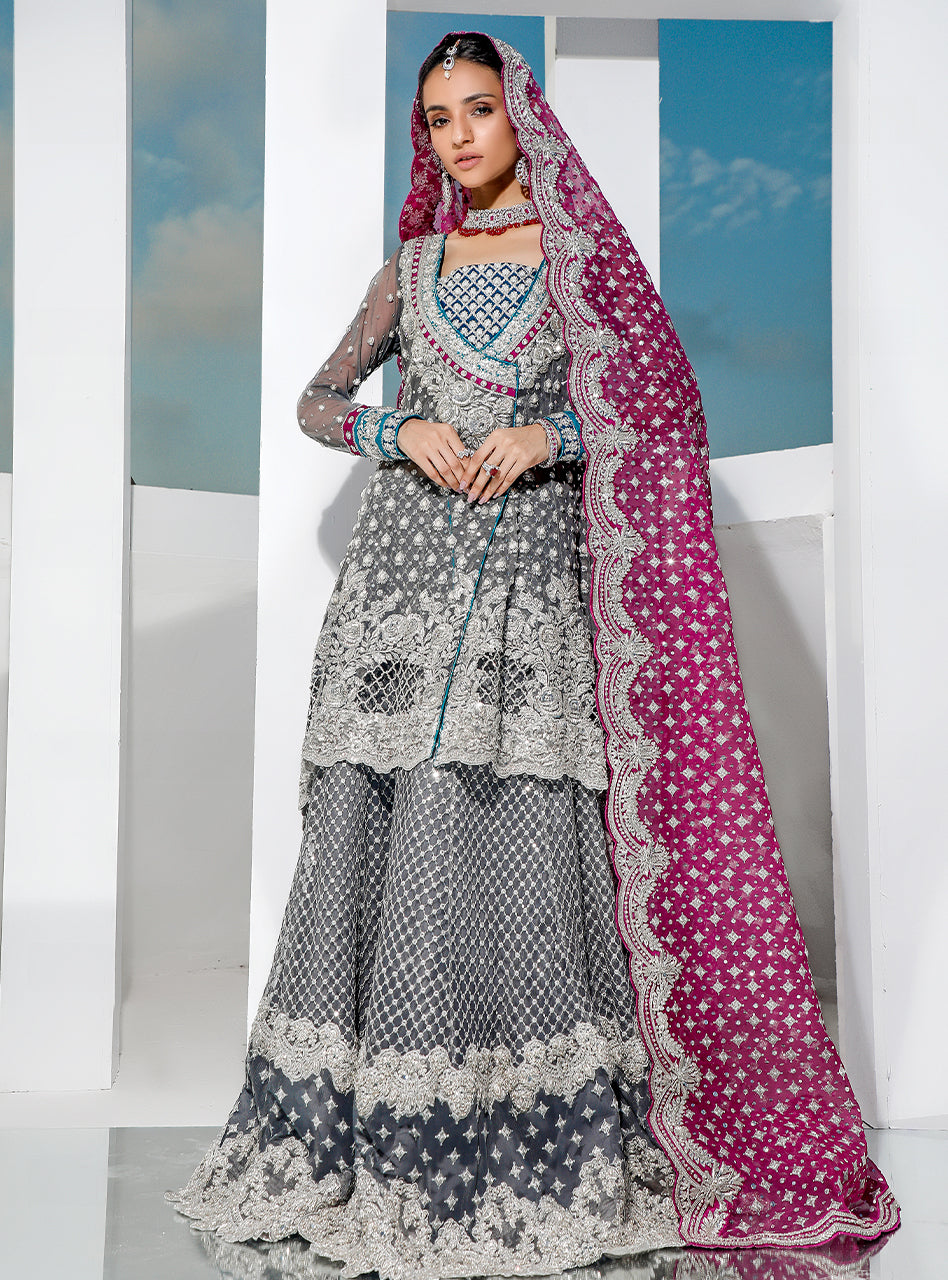 Pakistani Graphite Embroidered Net Organza Angrakha (3-Piece) - Image 4