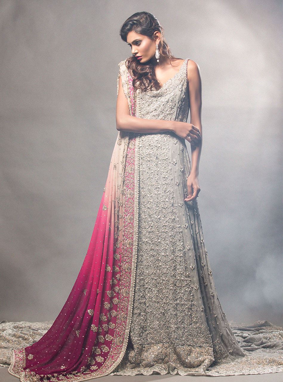 Ash Grey Embellished Net Bridal Gown (2-Piece) - Image 1