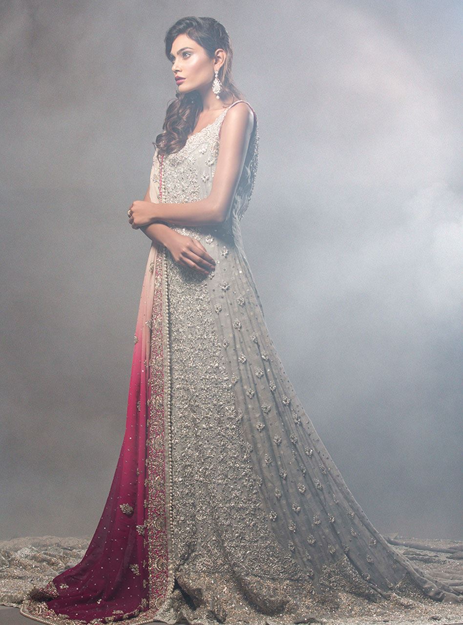 Ash Grey Embellished Net Bridal Gown (2-Piece) - Image 3