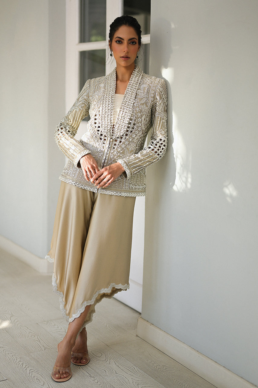 Pakistani Slate Embroidered Tissue Jacket 3-Piece Set - Image 1