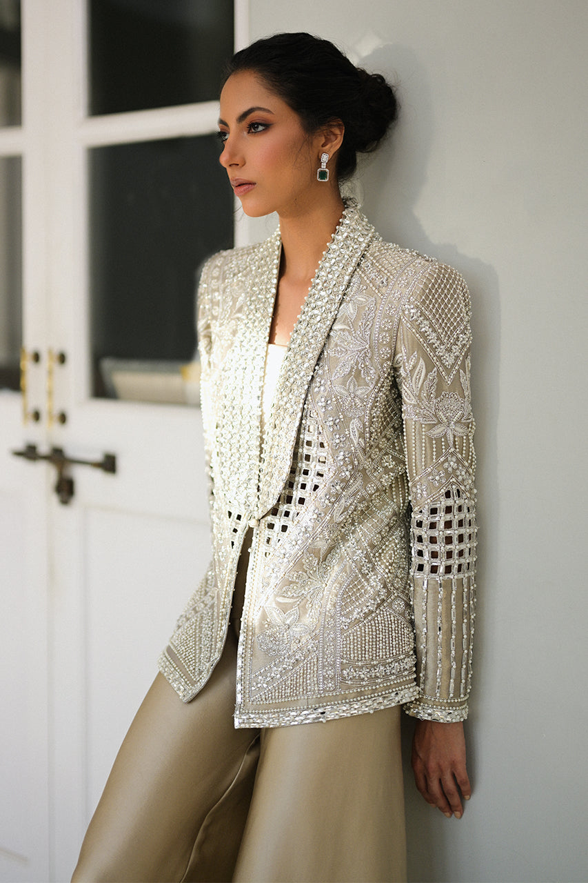 Pakistani Slate Embroidered Tissue Jacket 3-Piece Set - Image 10