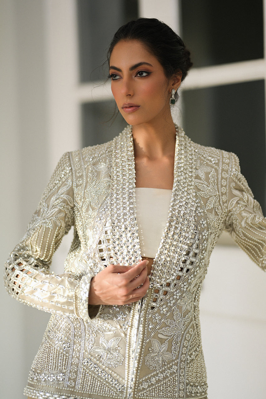 Pakistani Slate Embroidered Tissue Jacket 3-Piece Set - Image 11