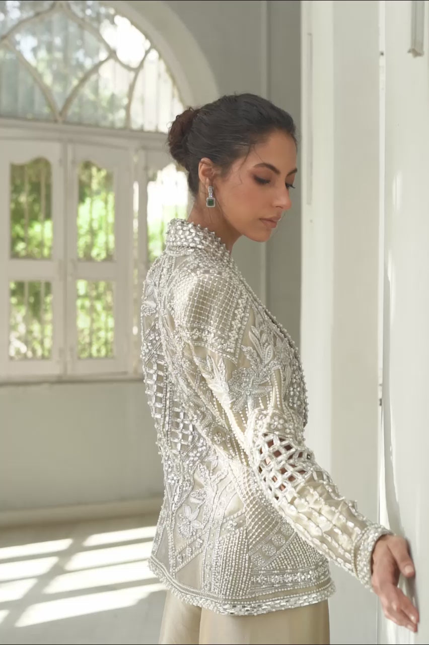 Pakistani Slate Embroidered Tissue Jacket 3-Piece Set - Image 12