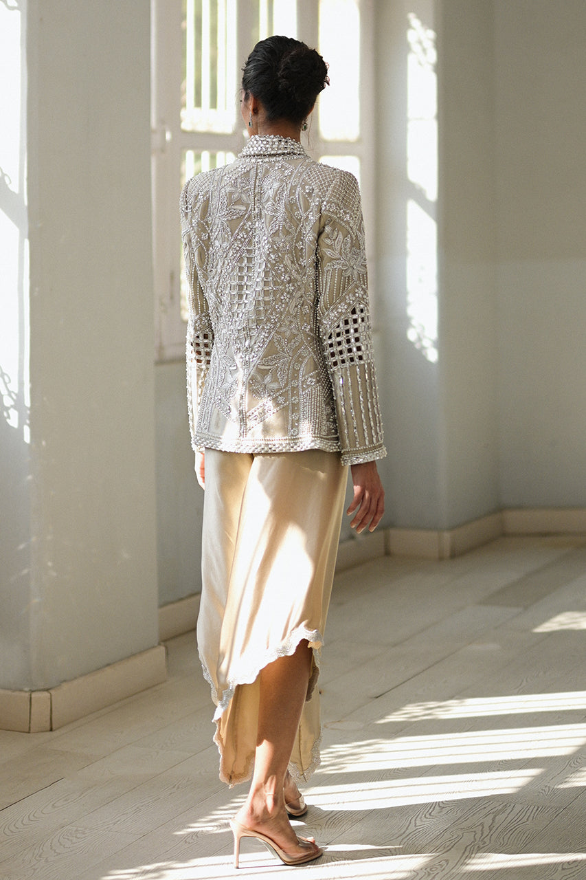 Pakistani Slate Embroidered Tissue Jacket 3-Piece Set - Image 2