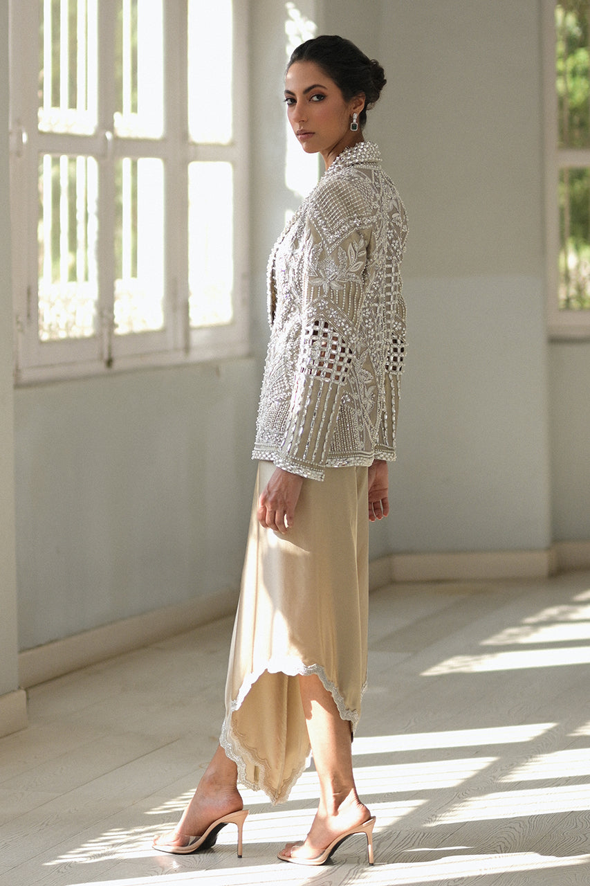 Pakistani Slate Embroidered Tissue Jacket 3-Piece Set - Image 3