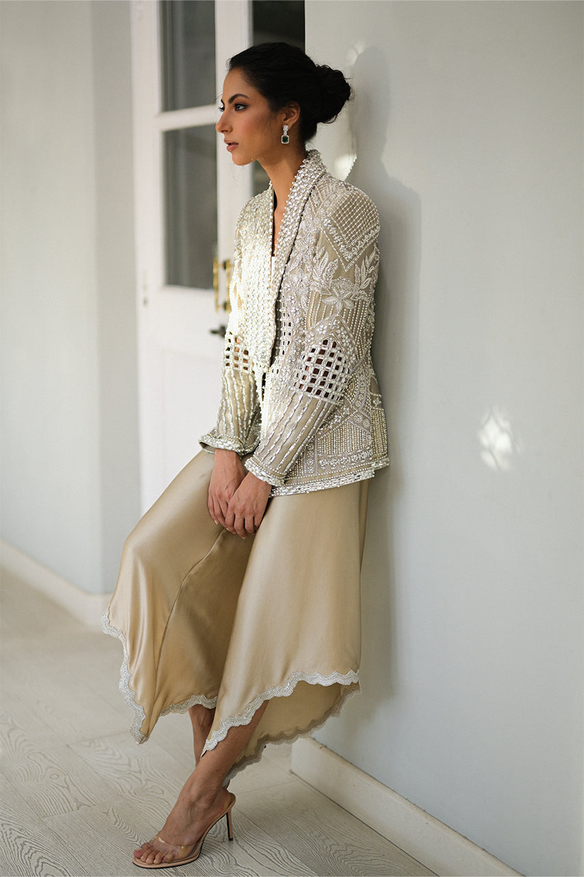 Pakistani Slate Embroidered Tissue Jacket 3-Piece Set - Image 4