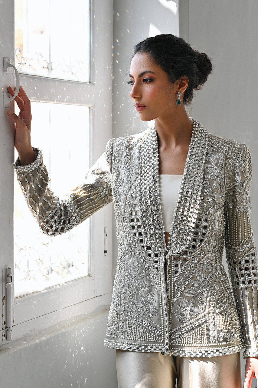 Pakistani Slate Embroidered Tissue Jacket 3-Piece Set - Image 8