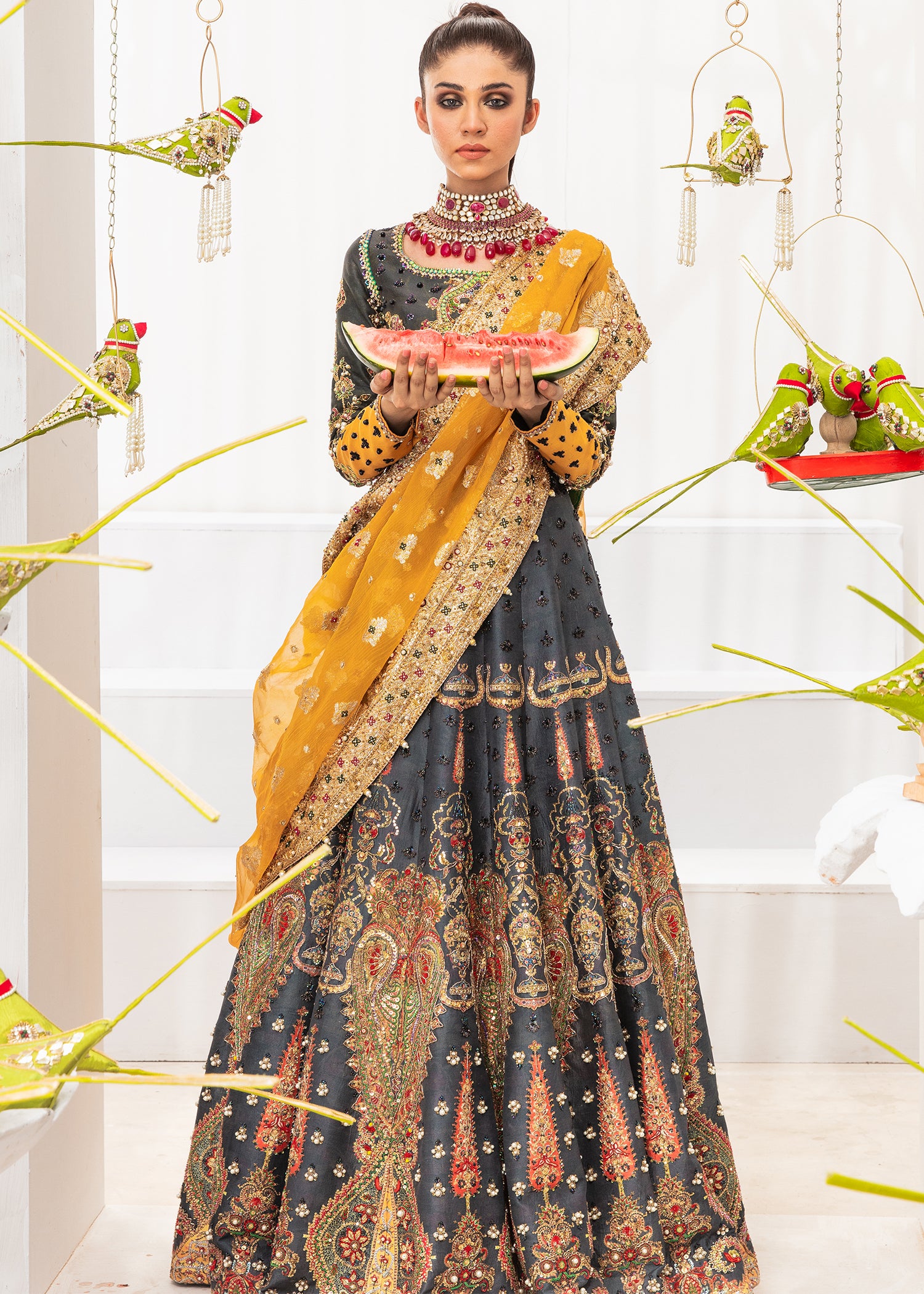Pakistani Charcoal Embroidered Banarsi Lehenga (3-Piece) - Image 1
