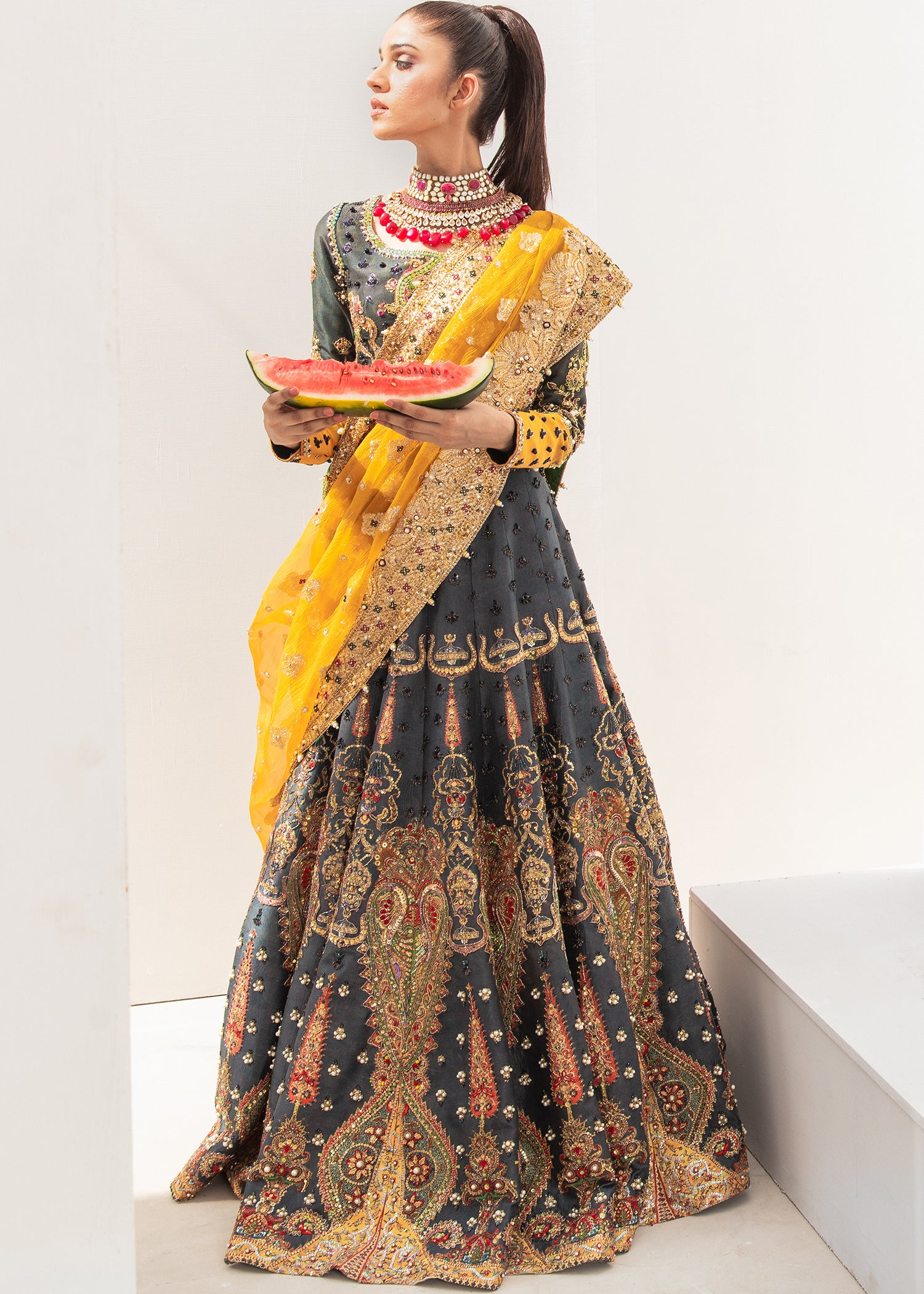 Pakistani Charcoal Embroidered Banarsi Lehenga (3-Piece) - Image 2