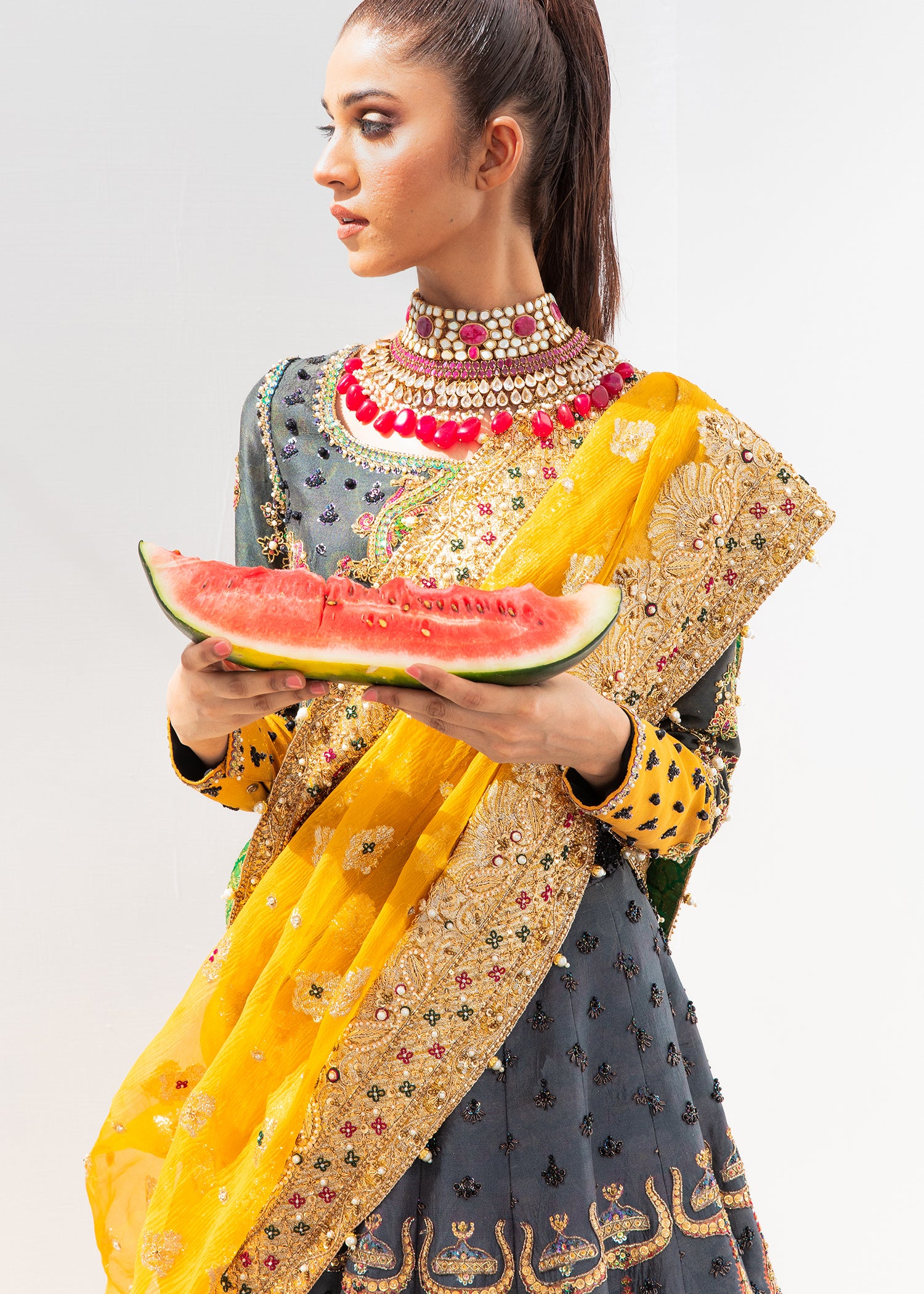 Pakistani Charcoal Embroidered Banarsi Lehenga (3-Piece) - Image 3