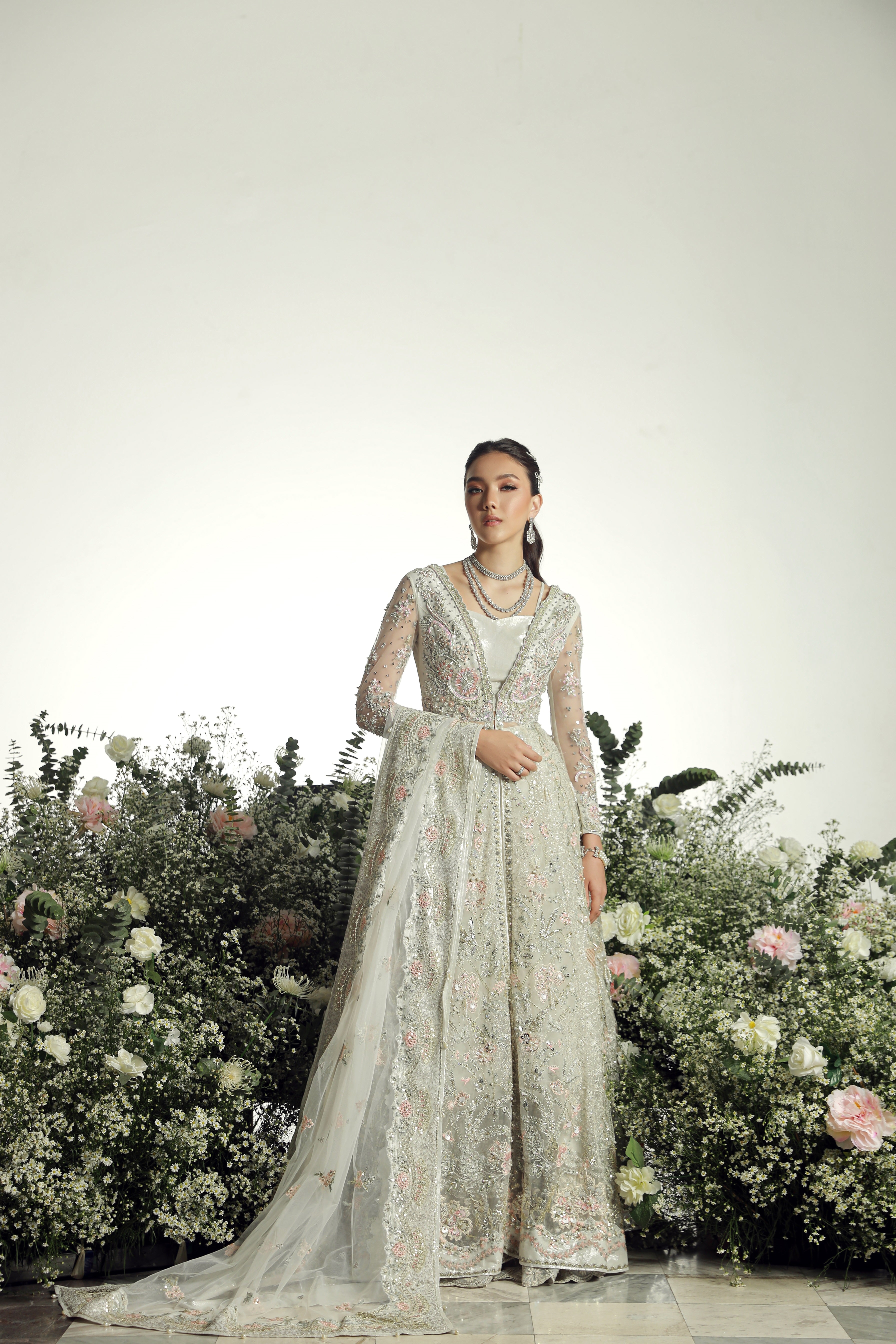 Pakistani Resene Ash Embroidered Net Lehenga Set (3-Piece) - Image 1