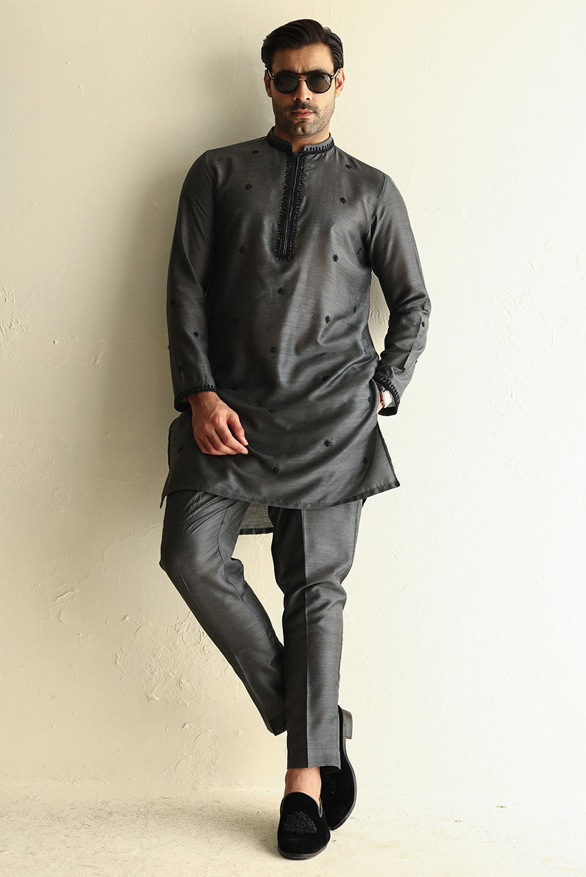 Charcoal Hand Embroidered Khaddi Silk Kurta (2-Piece) - Image 1