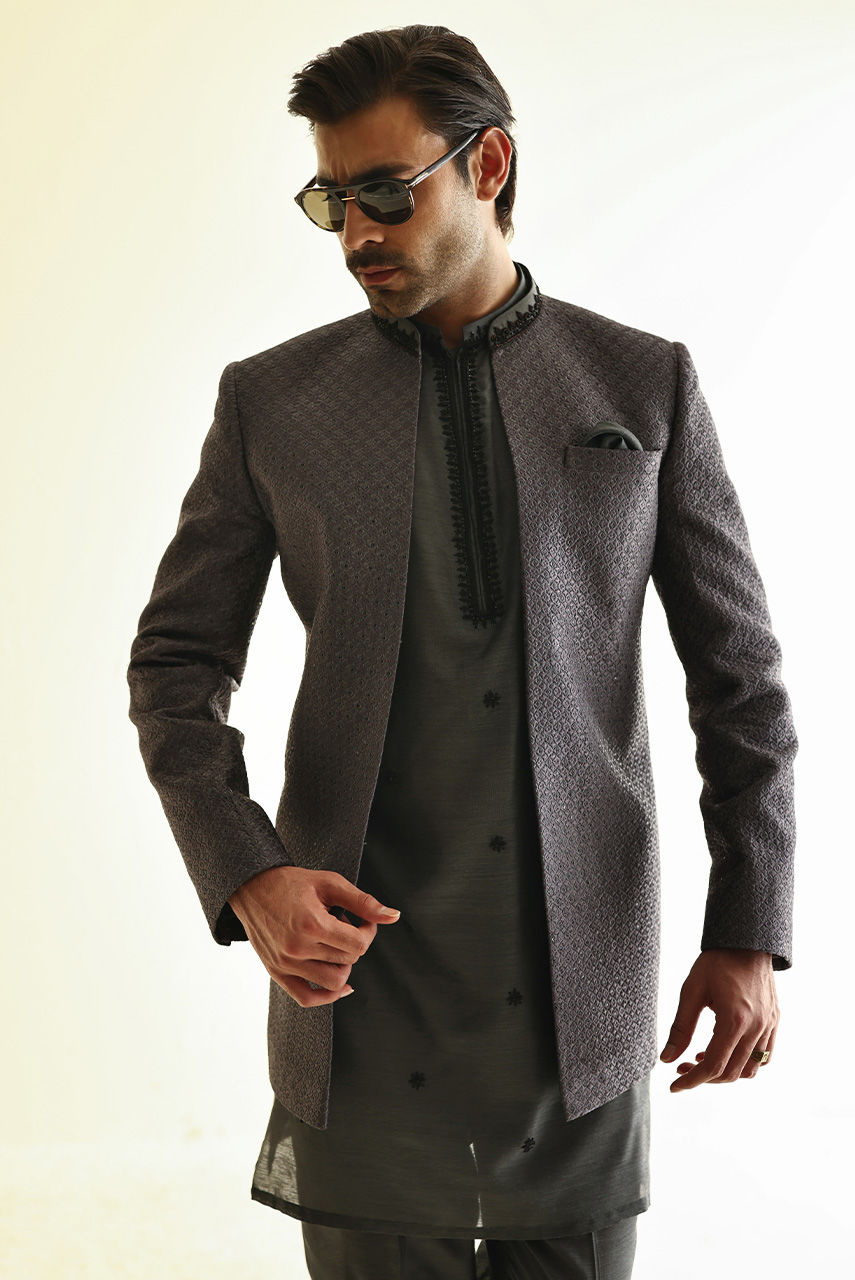 Charcoal Hand Embroidered Khaddi Silk Kurta (2-Piece) - Image 2